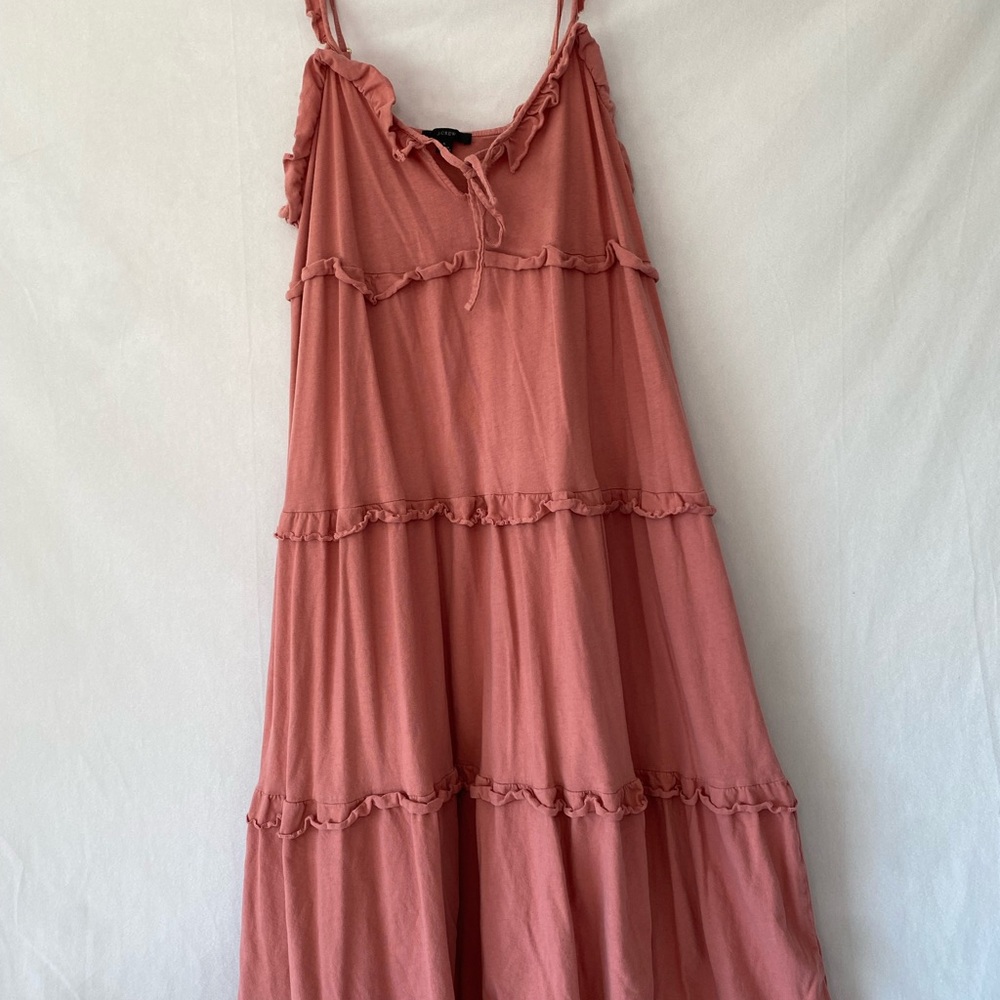 J. Crew Dusty PINK Tiered Jersey Cotton Midi Dress With Ruffle Spaghetti Strap - Picture 5 of 12